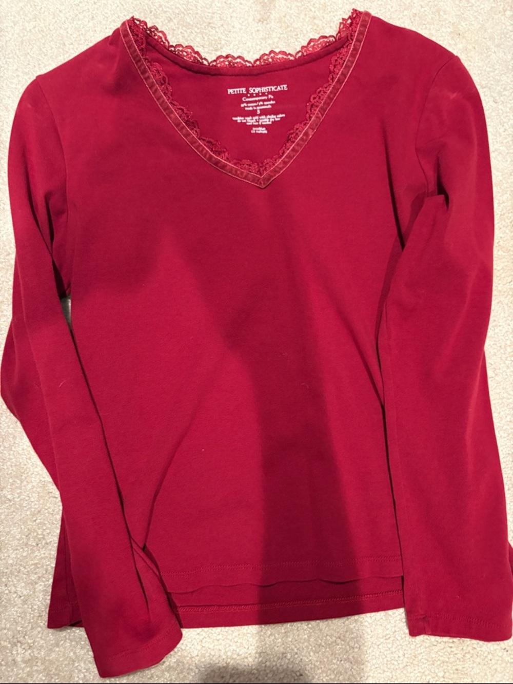 Petite Sophisticate Burgundy Lace-Trim V-Neck Long Sleeve Top